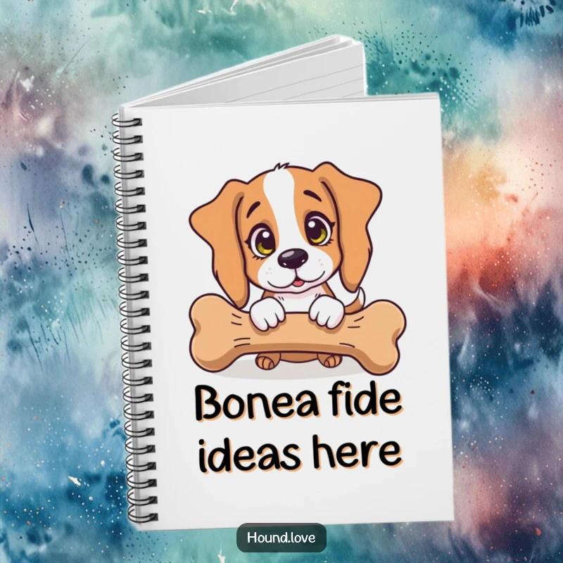 Funny Notebook: A hound dog with innocent eyes looking at a giant bone, perfect for jotting down humorous thoughts.