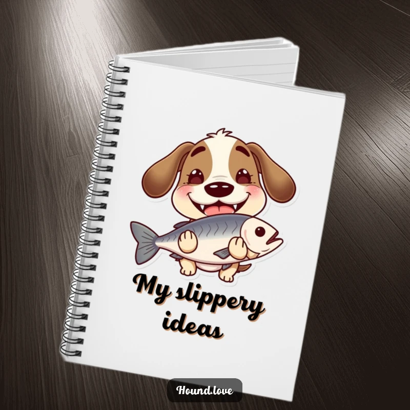 Funny hound with a wide, goofy grin, holding a slippery fish, on a notebook cover, perfect for jotting notes humorously.