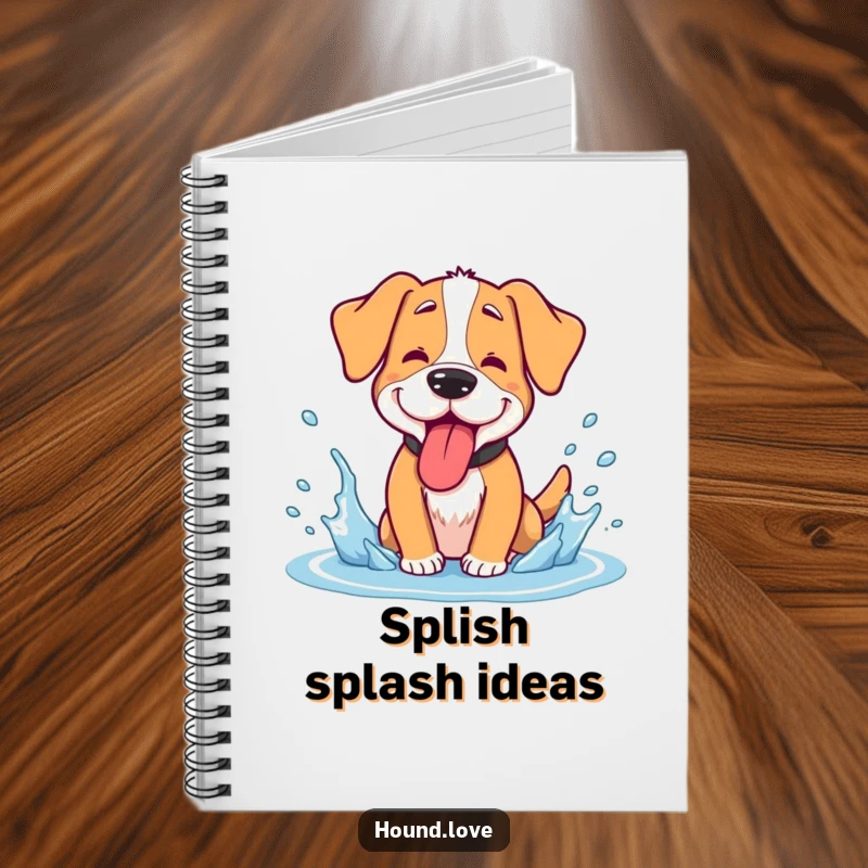 Funny hound notebook, a goofy dog panting with its tongue lolling, enjoying a cool water splash, great for notes.