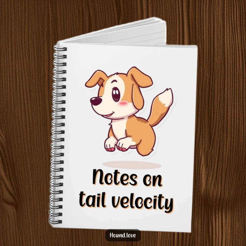Funny hound notebook with a surprised dog character leaping back from its wagging tail, ideal for humorous journaling and notes.