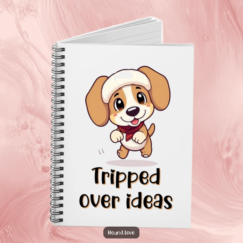 Funny notebook with a playful hound character tripping hilariously while wearing oversized, floppy ear muffs, perfect for notes.