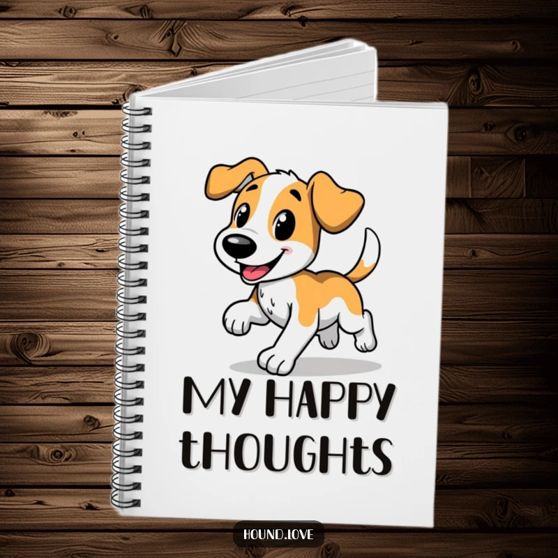 Funny notebook with a happy hound dog doing a comical trot, wagging tail, ideal for notes and sketches, excellent funny gift for dog fans.