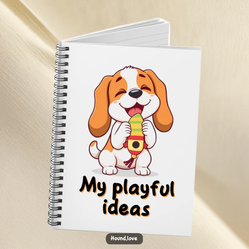 Funny hound character joyfully butting a wiggling toy, making this notebook cover both humorous and inspiring.