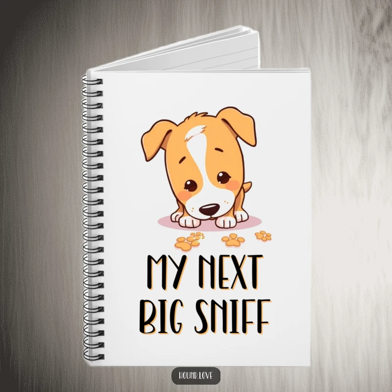 Funny Notebook cover with a playful hound sniffing the ground, tracking sparkling paw prints, ideal for capturing ideas.