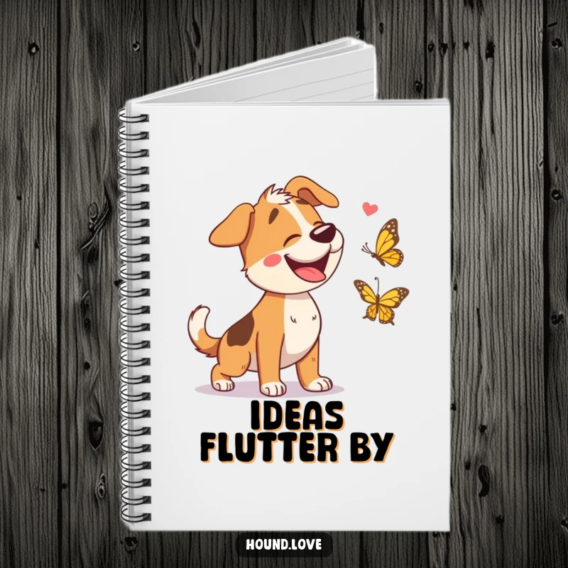 Funny notebook cover displaying a happy hound character giggling while chasing a playful butterfly, ideal for journaling or note-taking.