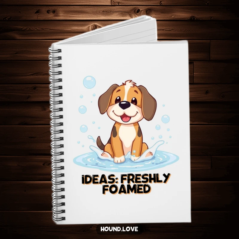 Funny notebook cover depicting a happy hound dog character joyfully splashing in a large puddle filled with iridescent soap bubbles, ready for notes.