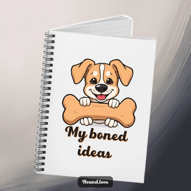 Funny Notebook cover with a mischievous hound peeking from behind a large bone, perfect for jotting down clever ideas.