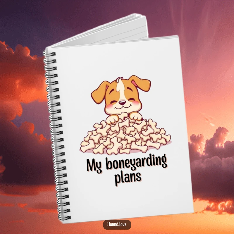 Funny hound notebook with a happy dog character burying its nose in a massive pile of bones, ideal for humorous journaling.