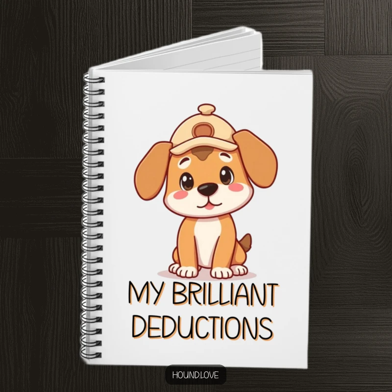 Funny Notebook: A cute hound wearing a detective hat strikes a curious pose, ready for your notes.