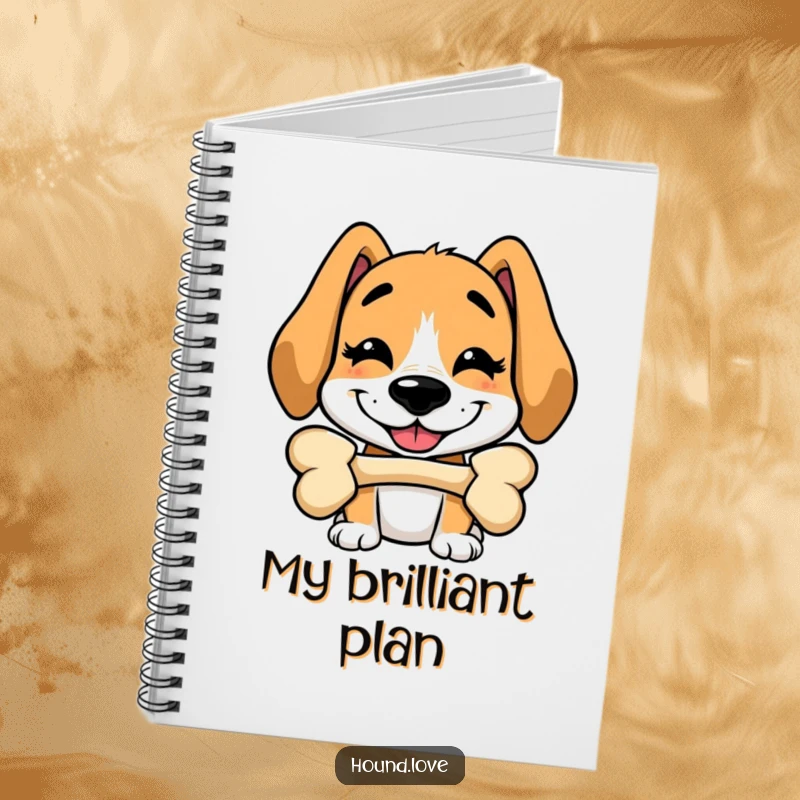 Funny notebook cover featuring a silly hound balancing a bone on its nose, ideal for jotting down ideas and sketches.