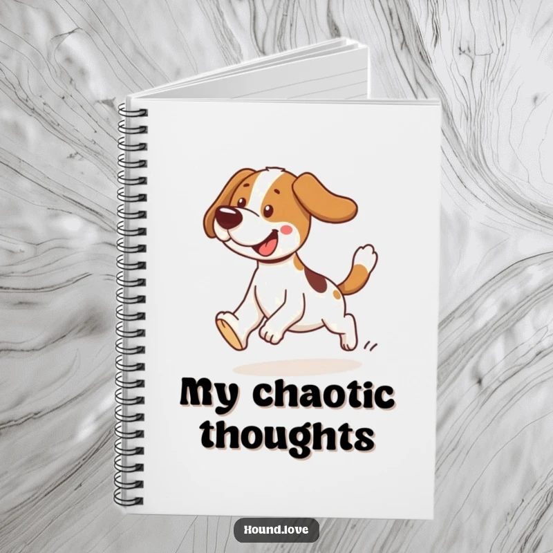 Funny tripping hound notebook with a design of a dog hilariously tripping while chasing its tail. Humorous and practical gift.