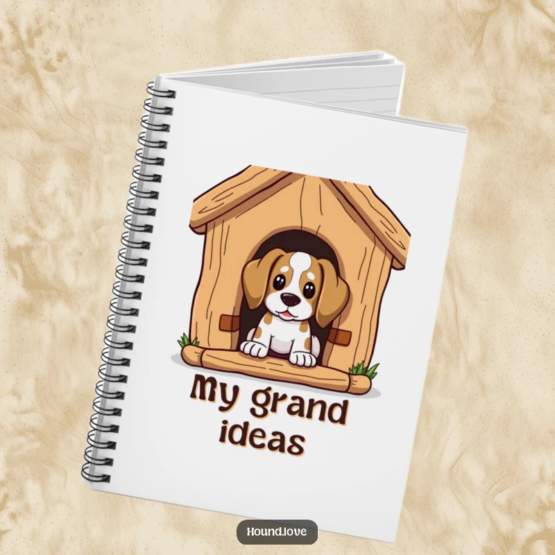 Funny Notebook: Hound character peeks curiously from a huge dog house, perfect for jotting down ideas.