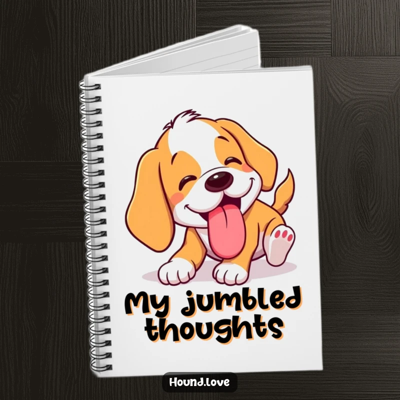 Funny tumbling hound notebook with a design of a dog comically tumbling with its tongue lolling out. Humorous and practical gift.