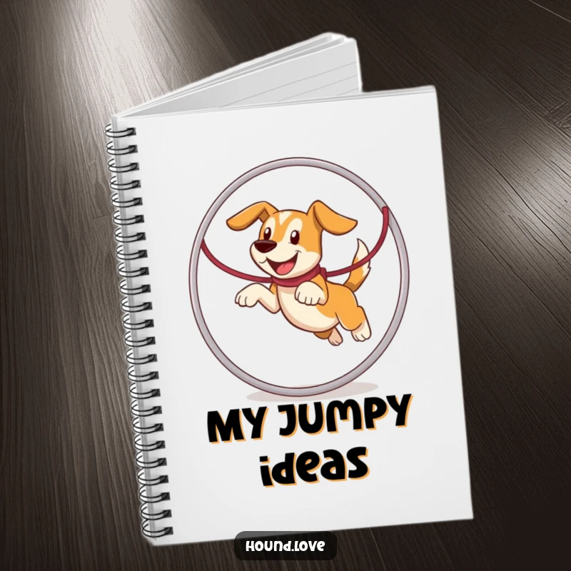 Funny hound character leaping through a leash hoop, making this notebook cover both humorous and inspiring.