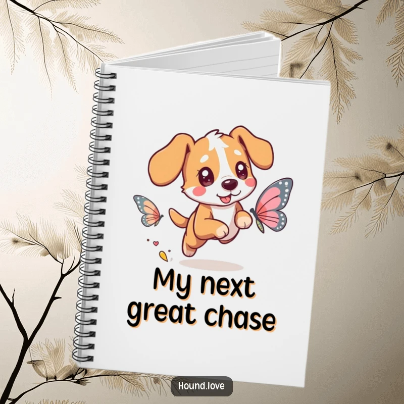 Funny notebook cover depicting a happy hound dog with bright eyes chasing a beautiful butterfly with shimmering wings, ready for creative notes.