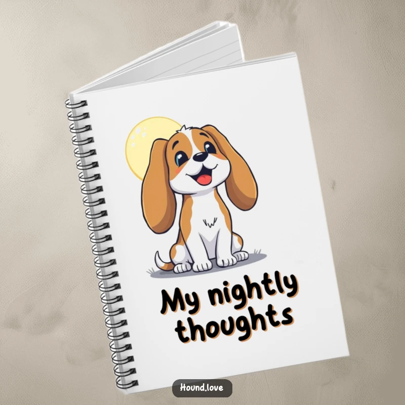 Funny hound with long, floppy ears, joyfully baying at the moon, on a notebook cover, perfect for jotting notes humorously.