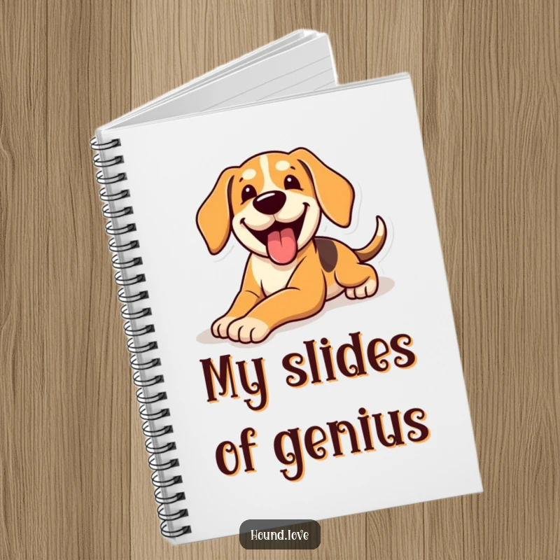Funny Notebook cover with a happy panting hound dog sliding with glee, perfect for jotting down humorous ideas.