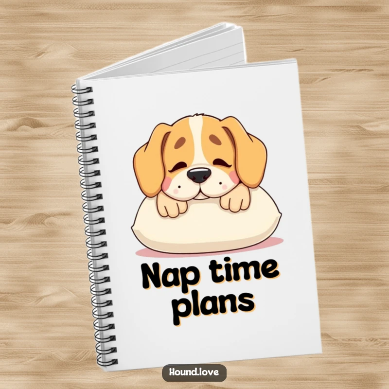 Funny hound notebook, a contented dog resting its snout on a plush pillow, ideal for writing and planning.