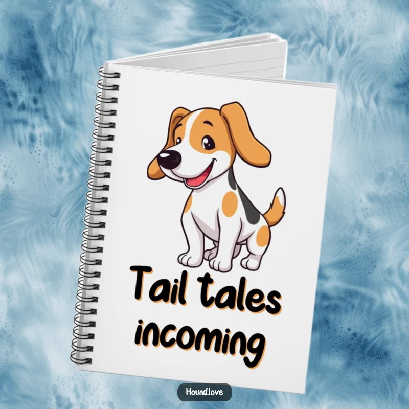 Funny hound dog notebook with a wagging tail design. A humorous and practical gift for note-taking and journaling.