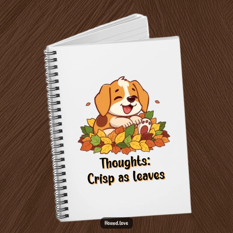Funny notebook cover depicting a happy hound dog character joyfully rolling in a pile of colorful autumn leaves, ready for notes.