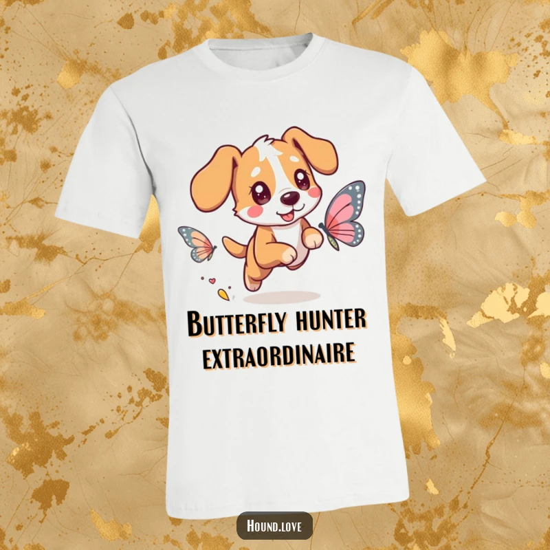 Funny t-shirt showcasing a happy hound with sparkling eyes in mid-chase after a beautiful, ethereal butterfly with iridescent, shimmering wings.