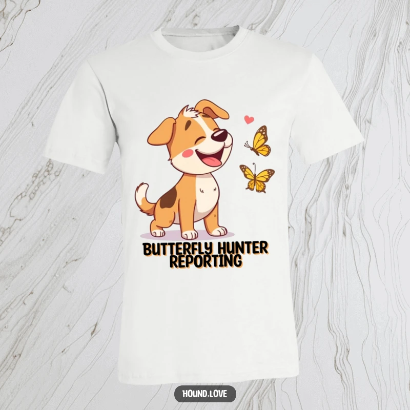 Funny t-shirt with a giggling hound character joyfully pursuing a vibrant butterfly, symbolizing pure, unbridled happiness and fun.