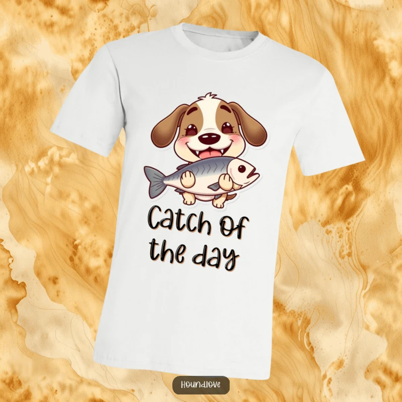 Funny hound with a wide, goofy grin, holding a slippery fish on a t-shirt, perfect for anglers and humor enthusiasts alike.