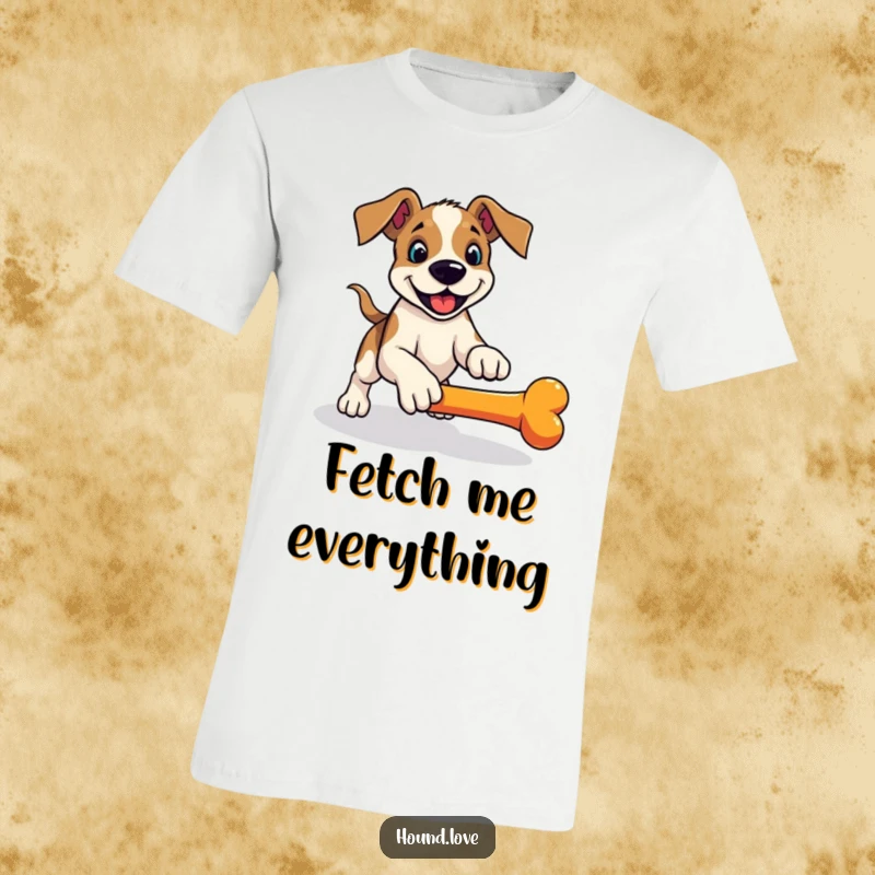 Funny hound t-shirt, a playful dog in a pounce ready to retrieve a rolling bone, humorous active wear.