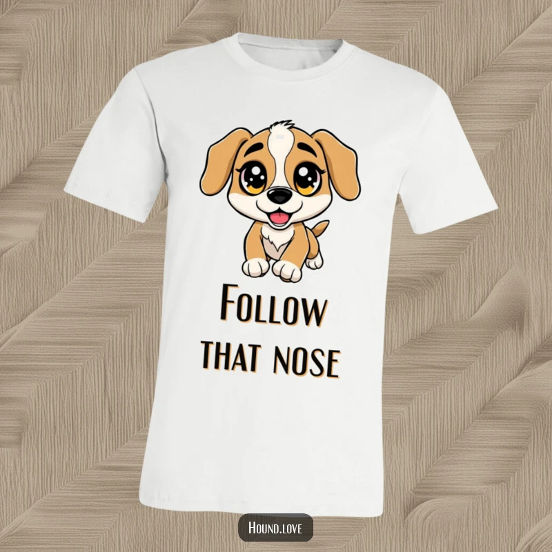 Funny T-Shirt: A hound dog with oversized, sparkling eyes is caught mid-leap, excitedly chasing a scent.