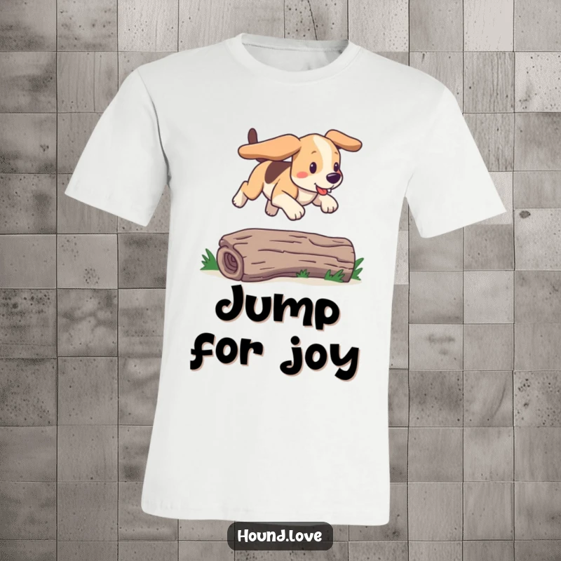 Funny hound t-shirt illustrating a dog happily bounding over a low log with floppy ears flying. Humorous apparel for canine adventurers.