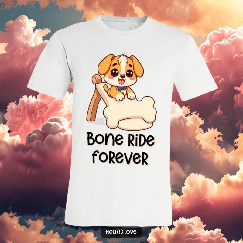 Funny hound t-shirt showing a giddy dog character sliding down a wiggly, bone-shaped slide, capturing pure, exhilarating fun.