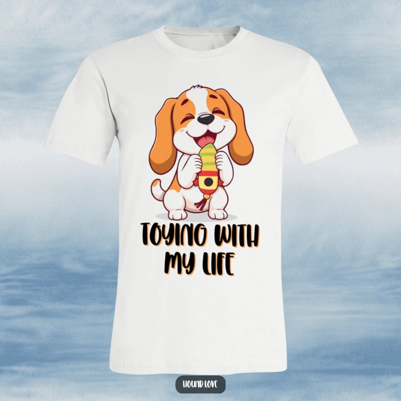 Funny hound character joyfully butting a dangling, wiggling toy, showcasing canine enthusiasm on this t-shirt.