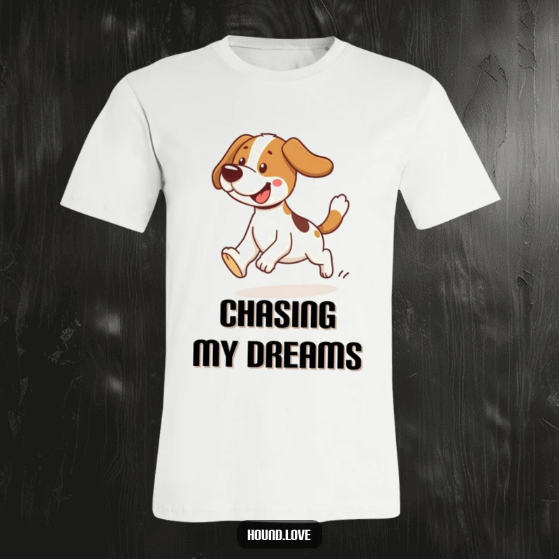 Funny hound t-shirt showing a dog comically tripping while chasing its tail. Humorous apparel for canine comedy fans.