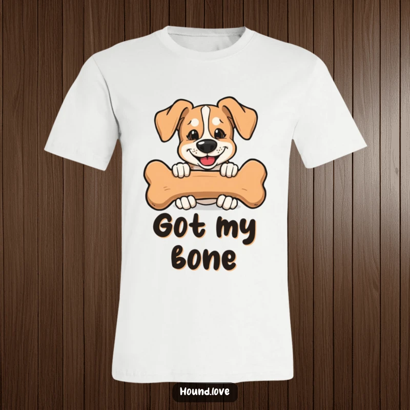 Funny T-Shirt depicting a hound with a sly grin, hiding behind a large bone, embodying playful mischief.