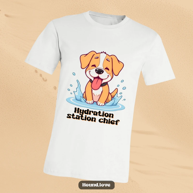 Funny hound t-shirt, a goofy dog panting with its tongue lolling out, enjoying a cool water splash, humorous summer wear.