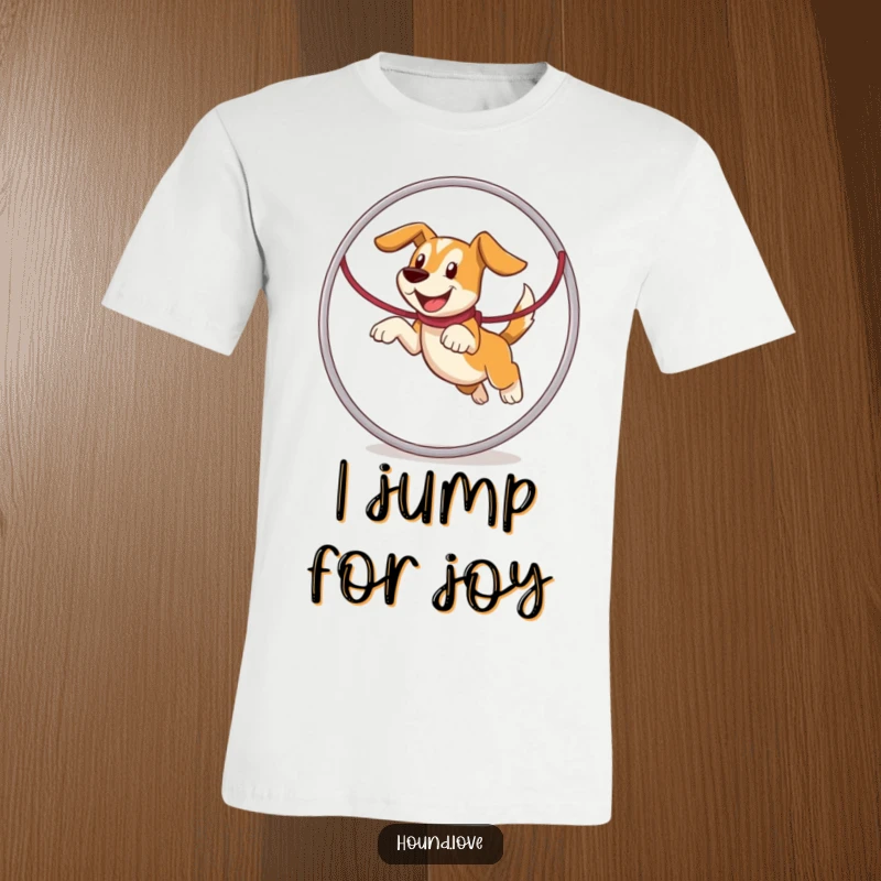 Funny hound character mid-leap through a giant leash hoop, bursting with joy and energy on this t-shirt.