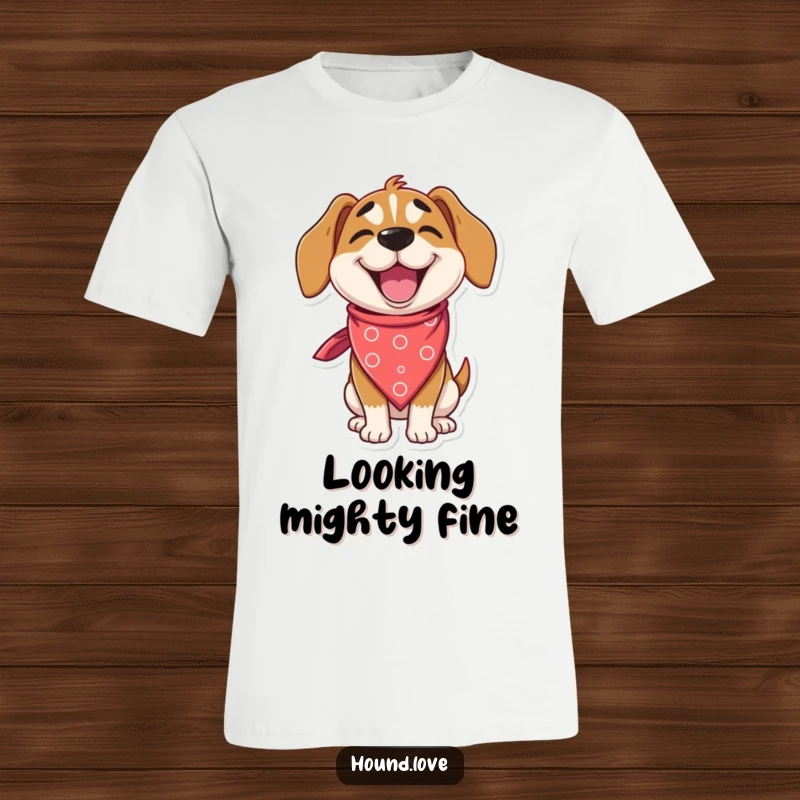 Funny hound t-shirt depicting a delighted dog character winking cheekily while wearing an oversized, silly bandana, radiating fun.