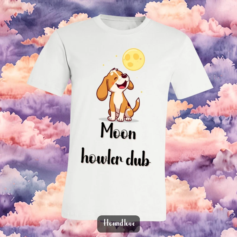 Funny T-Shirt with a joyful hound character enthusiastically baying at a playful, bouncing moon, capturing nighttime fun.