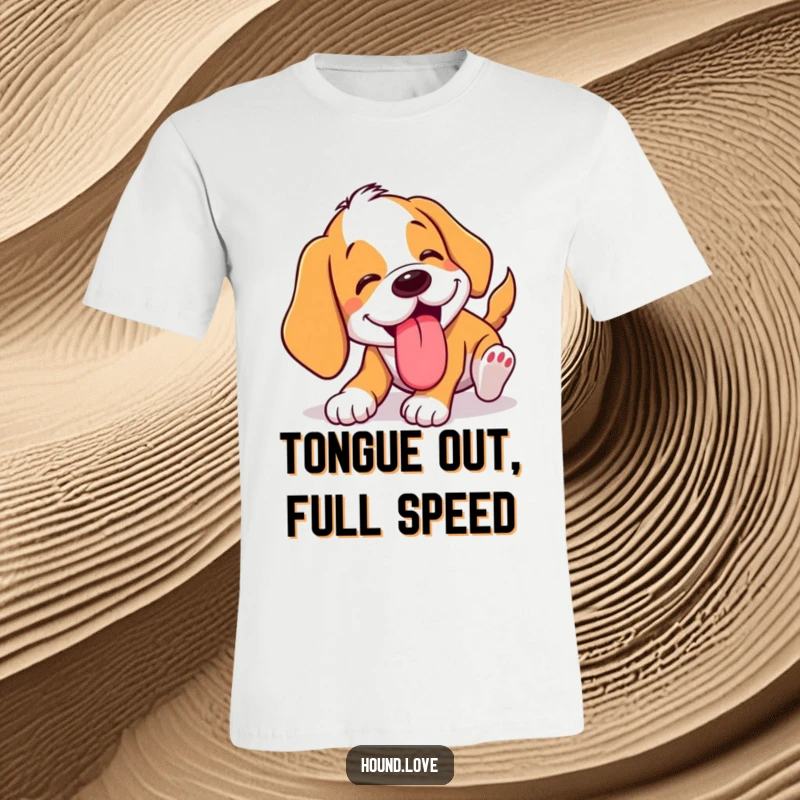 Funny hound t-shirt showing a dog comically tumbling with its tongue lolling out. Humorous apparel for canine comedy fans.
