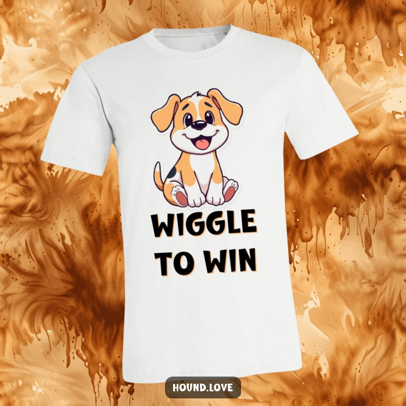 Funny t-shirt featuring a hound dog in a happy, playful wriggle, expressing pure canine delight and amusement.