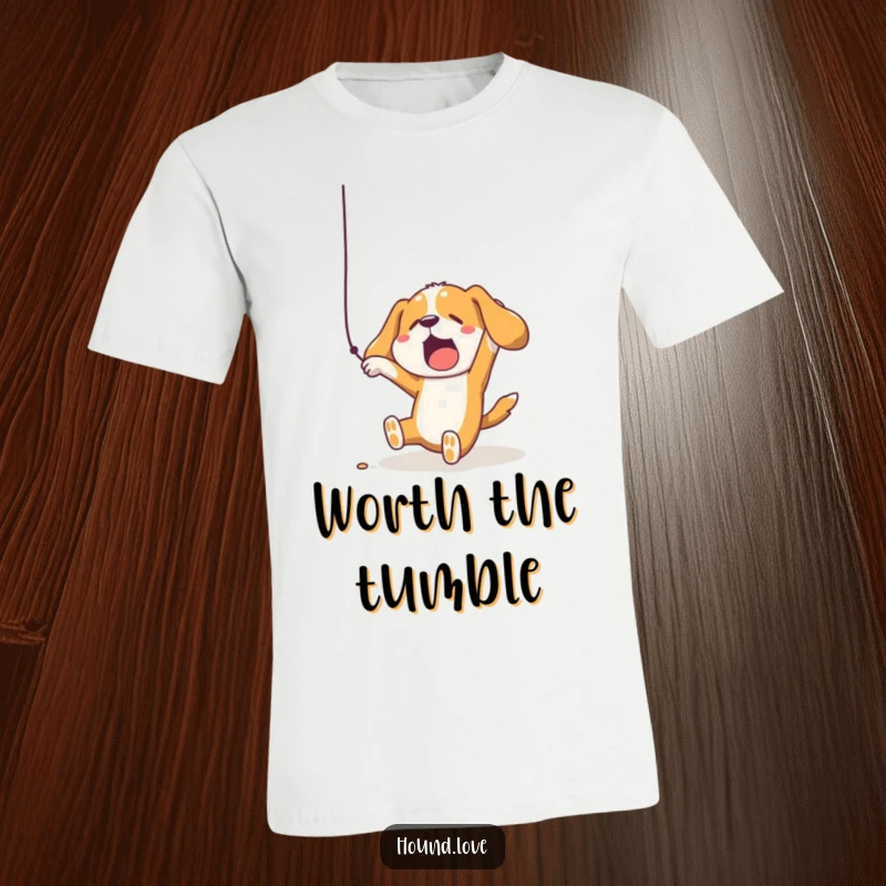 Funny hound dog in a comical fall, reaching for a dangling string, printed on a t-shirt for instant laughs.