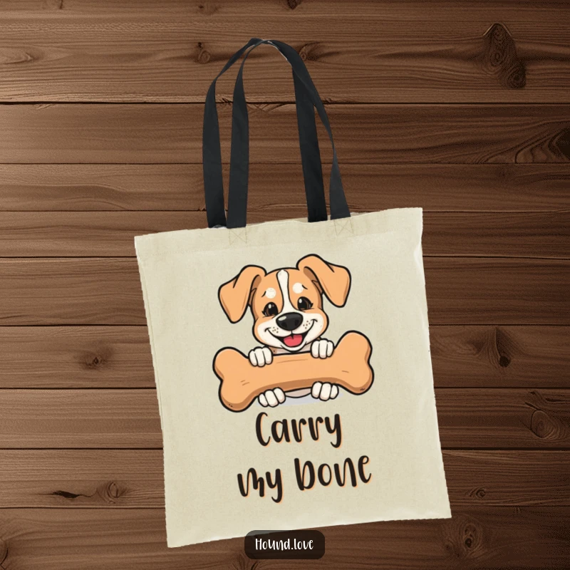 Funny Tote Bag with a mischievous hound peeking from behind a large bone, a humorous design for carrying essentials.