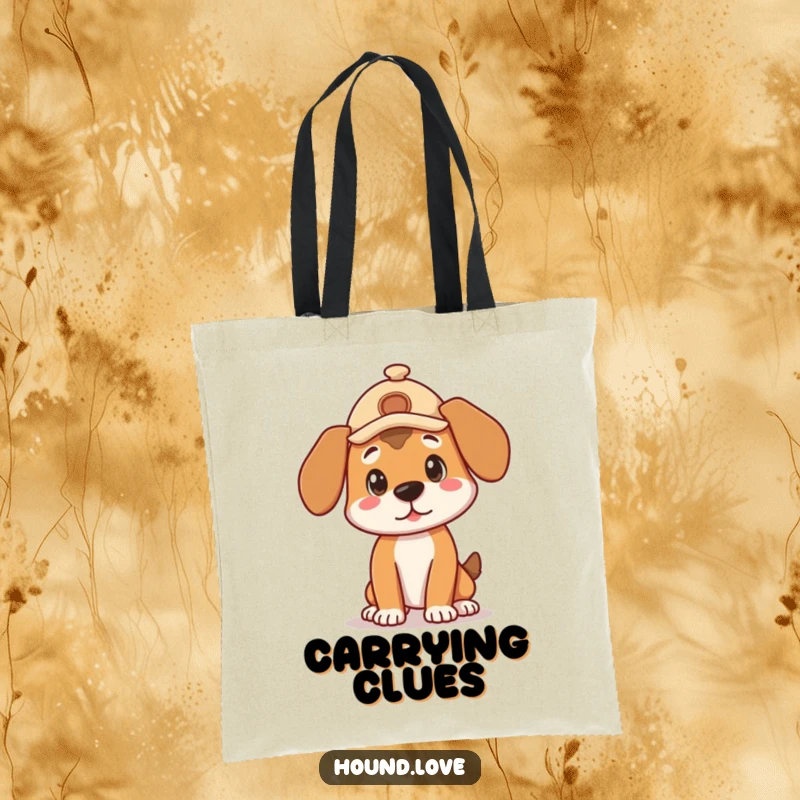 Funny Tote Bag: A cute hound dog in a detective hat strikes a curious pose, ready for investigation.