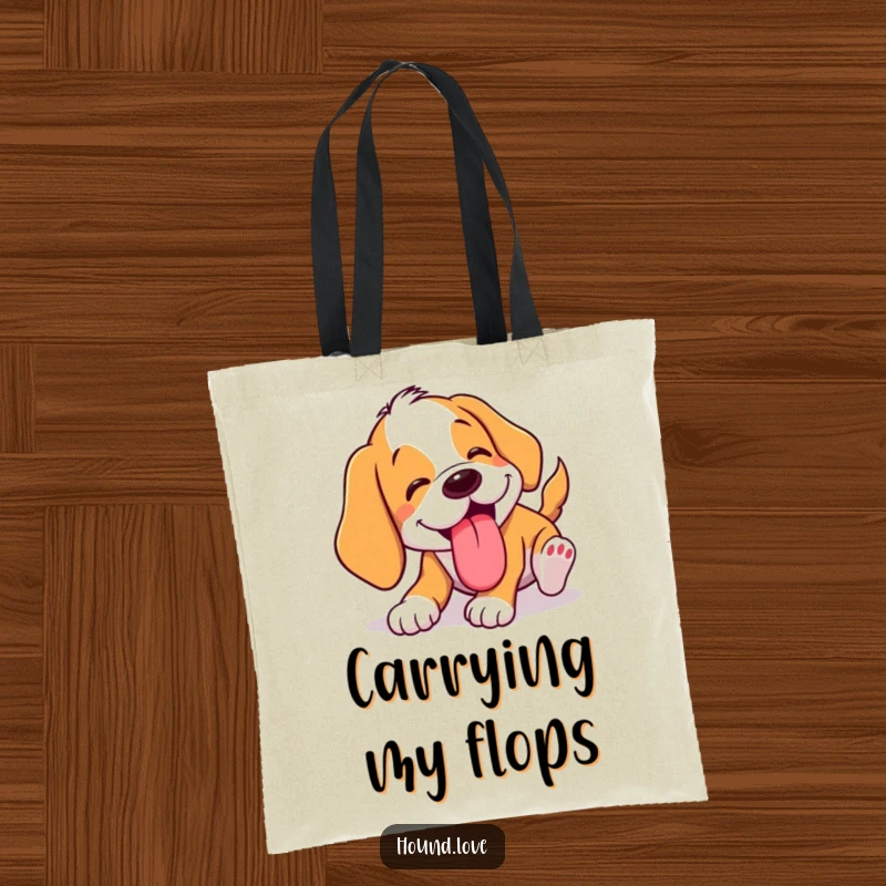 Funny tumbling hound tote bag showing a dog comically tumbling with its tongue lolling out. A humorous and practical gift.