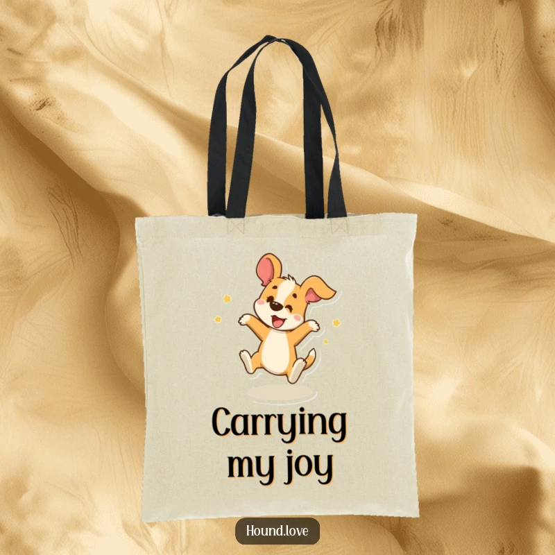 Funny Tote Bag: A happy hound spins with delight, showcasing a playful design perfect for carrying daily essentials with a smile.