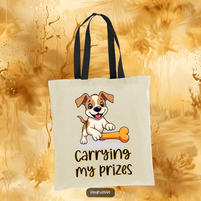 Funny hound tote bag, a playful dog in a pounce ready to fetch a rolling bone, humorous and practical.