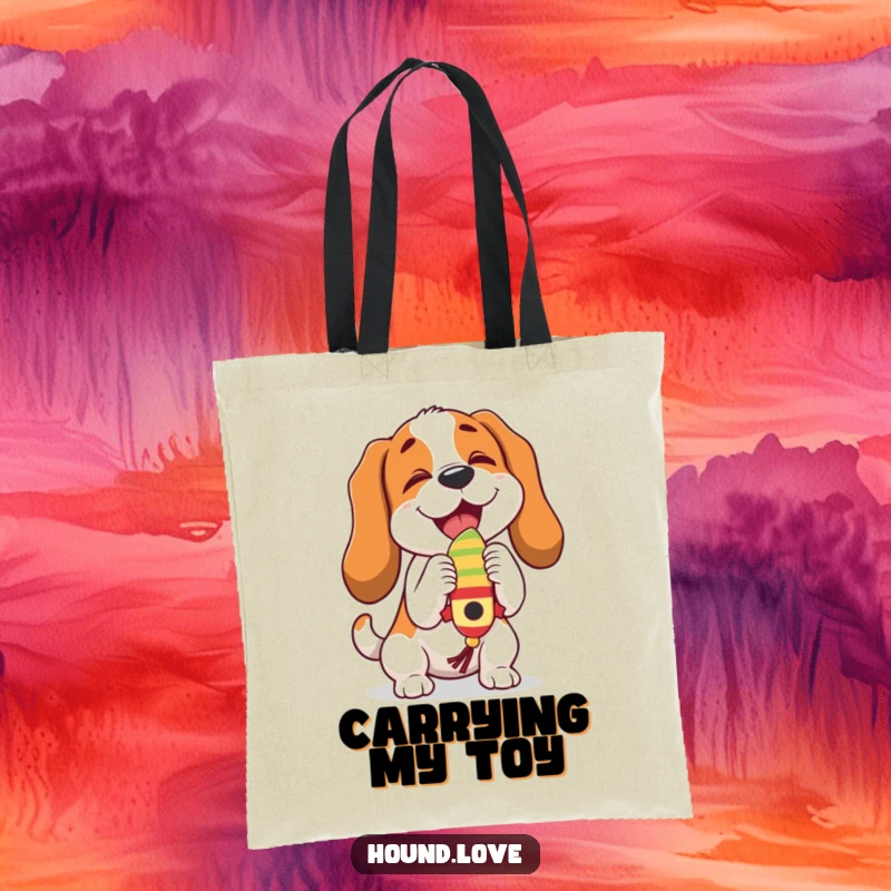 Funny hound character joyfully butting a dangling, wiggling toy, adding a humorous and energetic design to this tote bag.