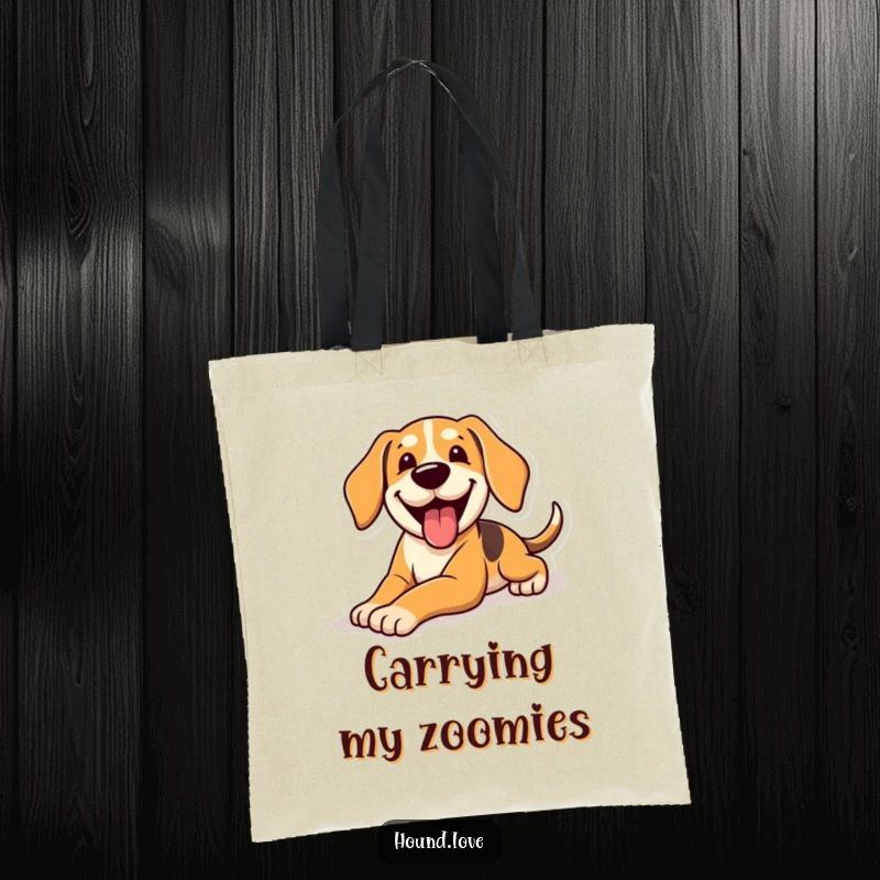Funny Tote Bag showing a happy hound dog sliding smoothly with a panting expression, adding humor to everyday carrying.