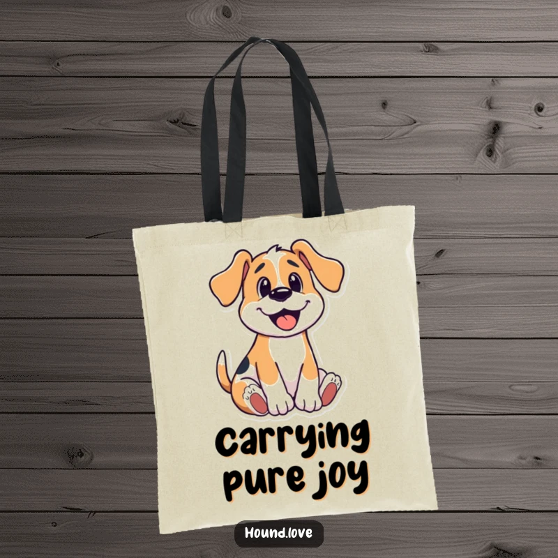 Funny tote bag with a hound dog in a happy, wriggling pose, perfect for carrying items and spreading joy.