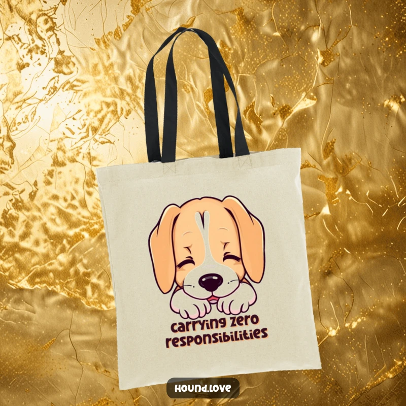 Funny tote bag with a hound dog resting its chin with a contented sigh, perfect for carrying items and promoting calm.
